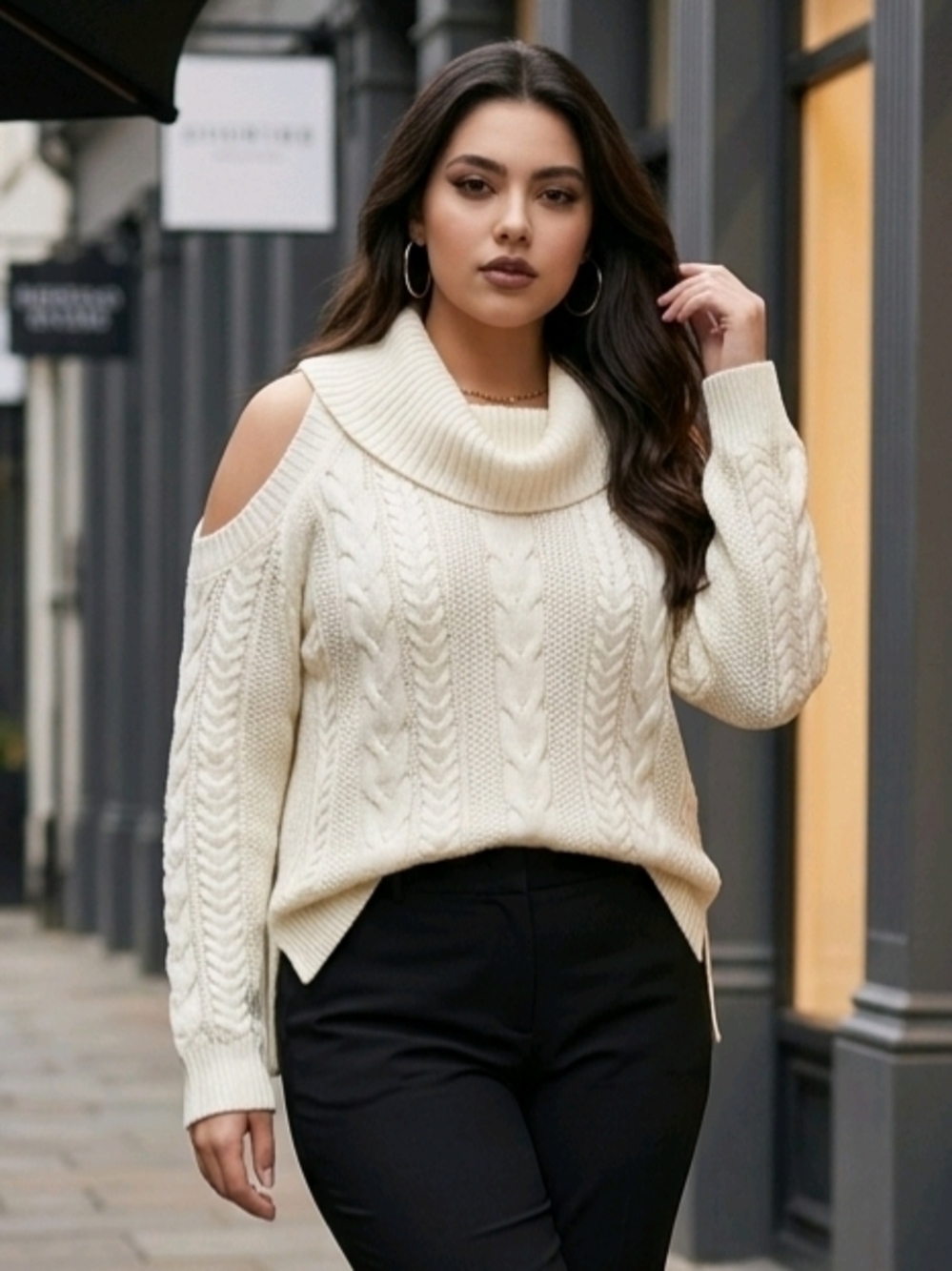Crown & Ivy Cowl Neck Cable-Knit Ivory Cold Shoulder Sweater Longsleeved XL EUC